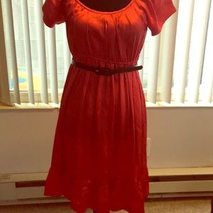 Red silk dress with ruffle on bottom
